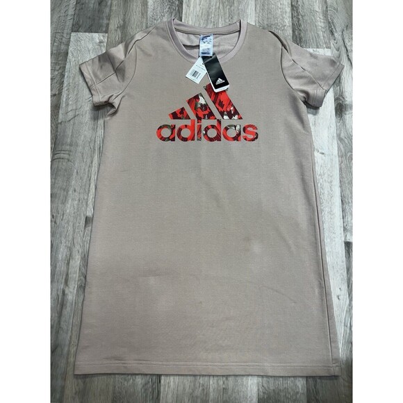 ADIDAS X Zoe Saldana Pattern Women's Sport T-shirt Dress Sz Large Tan Red Logo - Picture 1 of 9